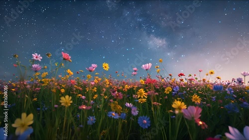 A field of flowers at night, with a starry sky above.