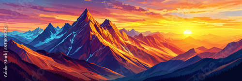 A vibrant and colorful landscape painting depicting a mountain range at sunset, with the sky transitioning from warm oranges to cooler blues.