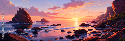 A beach scene at sunset, with the sky painted in hues of orange and pink, reflecting on the calm ocean water. Large rocks jut out from the shoreline, adding to the natural beauty of the landscape. photo