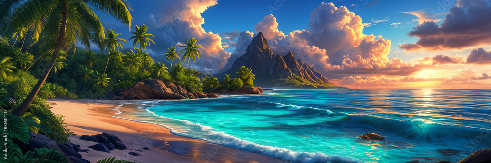 A tropical beach scene at sunset, featuring a large volcanic island in ...