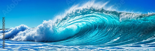 A majestic ocean scene, featuring a large wave with white foam crashing onto the shore.