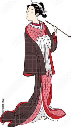 浮世絵　キセルを吸う女性