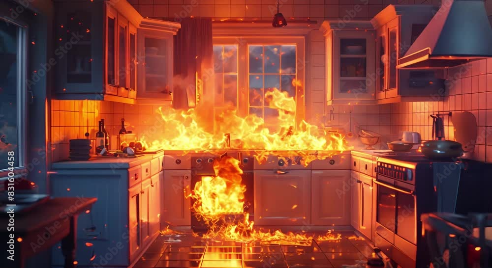 A dramatic scene of a kitchen engulfed in flames, highlighting the urgency and danger of a fire emergency in a home setting