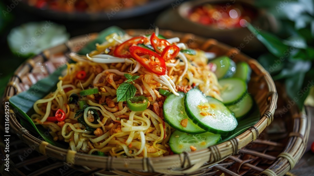 Javanese Fried Noodle with cucumber and chili slices Javanese Fried Noodle with cucumber and chili slices