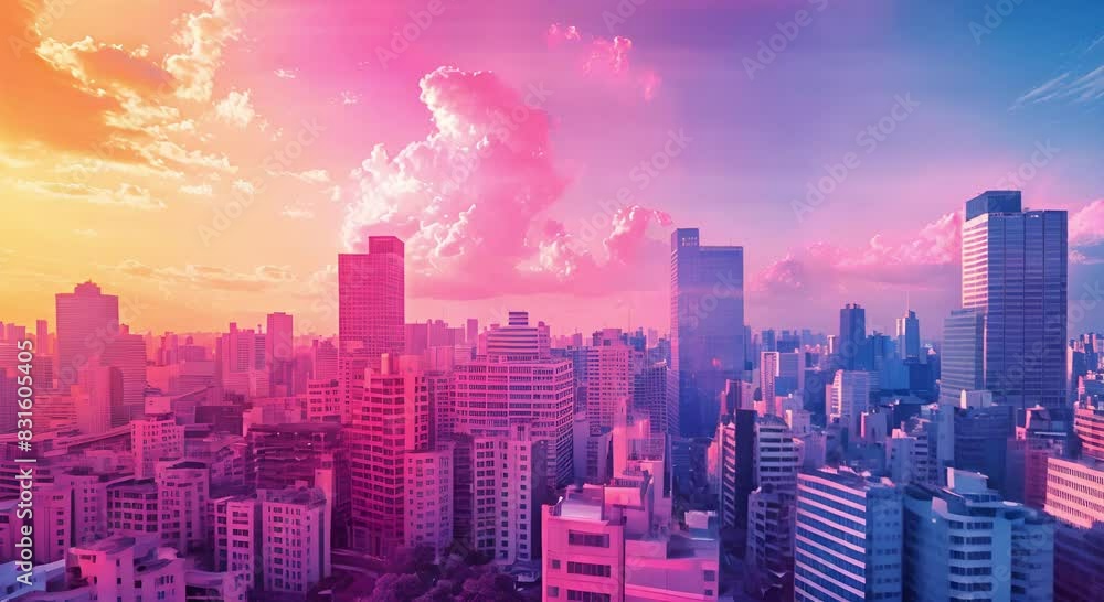 An establishing shot of a city. The sky is setting and the clouds are turning shades of pink and blue. The city is full of skyscrapers and high-rise buildings. An establishing shot of a city. The sky is setting and the clouds are turning shades of pink and blue. The city is full of skyscrapers and high-rise buildings.