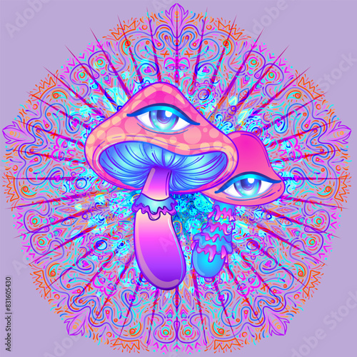 Magic mushrooms. Psychedelic hallucination. Vibrant vector illustration. 60s hippie colorful art in pink pastel goth colors over mandala round pattern . Sticker, patch, poster graphic design.