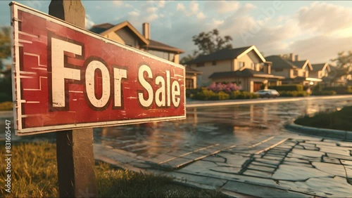 Create a realistic image of a suburban street with a 'For Sale' sign in the front yard of one of the houses. Make the image look like it was taken in the early morning or late afternoon. photo