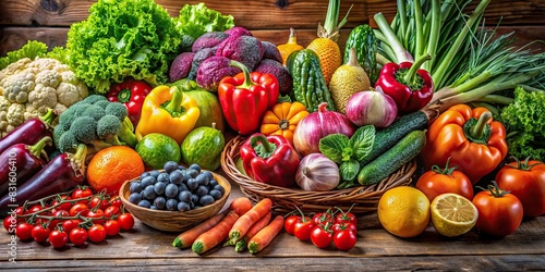 Colorful assortment of fresh fruits and vegetables on a wooden table