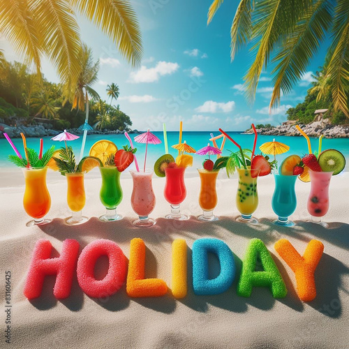 Wakacje - Holiday. Kolorowy napis Holiday ułożony wśród kolorowych drinkówna piaszczystej plaży nad morzem pod palmami. Baner, tło z tekstem. photo