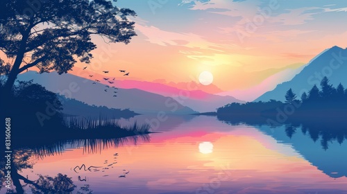 Image of a tranquil lake at sunrise flat design front view peaceful morning theme water color vivid © Sasint