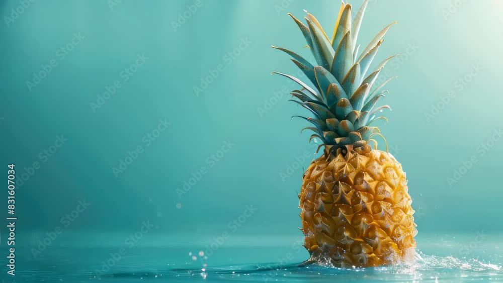 Fresh pineapple splashing into water with teal background Fresh pineapple splashing into water with teal background