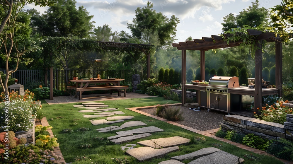 Obraz premium An exterior kitchen in modern style sitting planning , outdoor sofas, and large windows 