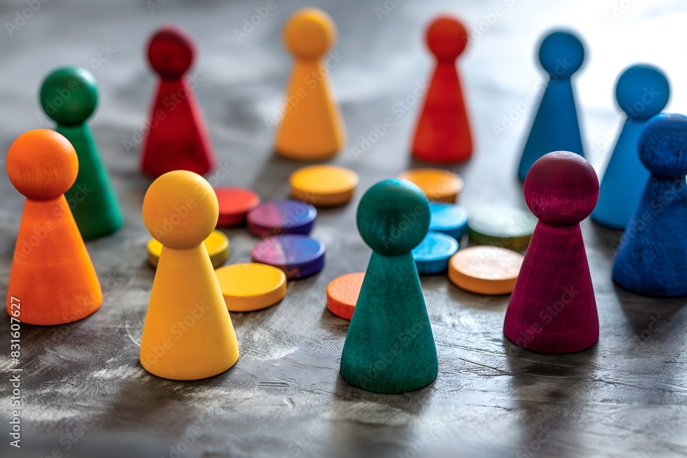 Colorful wooden game pieces and tokens on a textured surface, symbolizing playfulness and creativity Colorful wooden game pieces and tokens on a textured surface, symbolizing playfulness and creativity