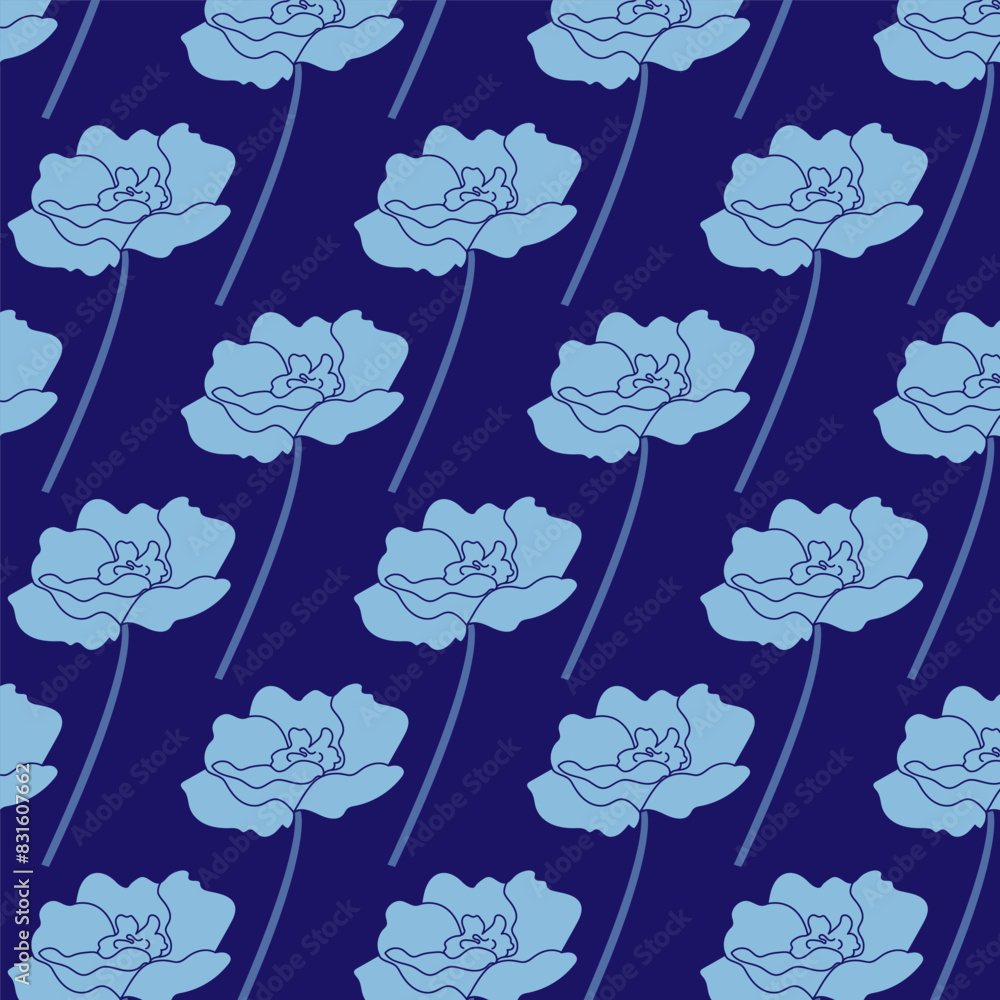 Seamless pattern with cartoon peonies with outline and fill in blue, cyan and white colors. Delicate background with beautiful peony buds. Elegant handmade texture for decoration and print.