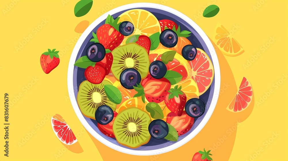 Picture of a bowl of fresh fruit salad flat design top view natural sweetness theme cartoon drawing Split-complementary color scheme Picture of a bowl of fresh fruit salad flat design top view natural sweetness theme cartoon drawing Split-complementary color scheme
