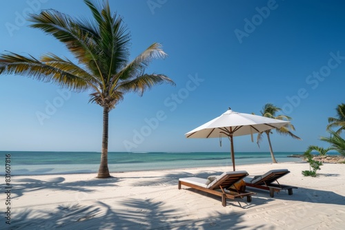 Chairs  umbrella on tranquil beach  surrounded by nature  make peaceful scene