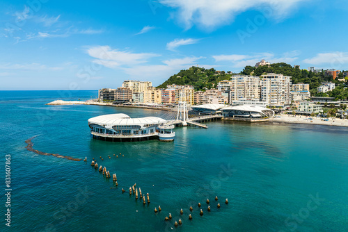 Pier and Promenade in Durres from a drone, Adriatic Sea, Albania, Europe photo