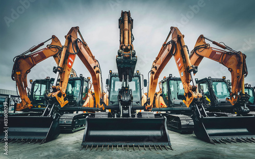 Row of heavy-duty excavators with large buckets lined up in construction yard. Machines are orange and black, cloudy sky in background.
