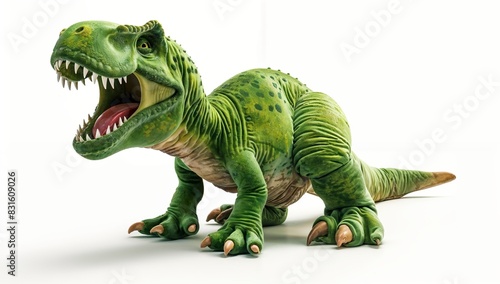 3D simulation of plush dinosaur toy roaring with motion blur  isolated on white