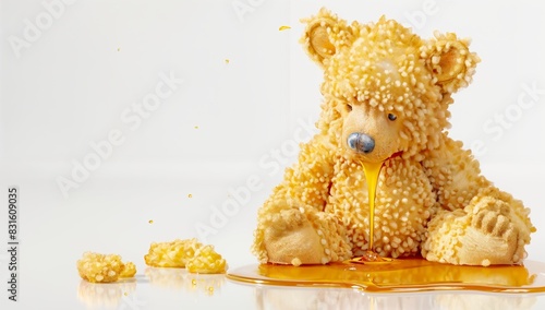 Animated honey bear plushie with simulated honey dripping, isolated on white photo