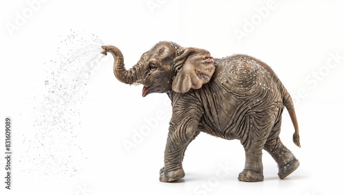 Plush elephant spraying simulated water from its trunk  isolated on white