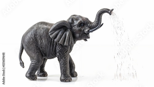 Plush elephant spraying simulated water from its trunk, isolated on white © fourtakig