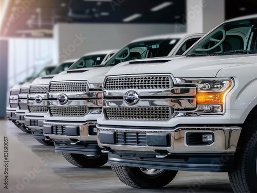 Row of white pickup trucks with chrome grilles parked indoors in well-lit showroom.