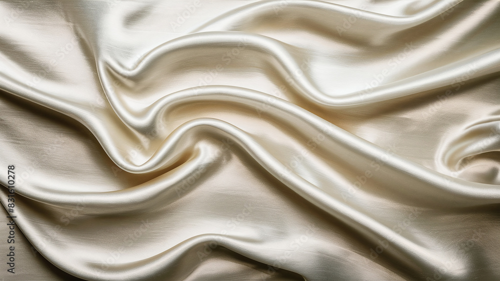 Fototapeta premium Close-up of smooth, luxurious ivory silk fabric with elegant folds and glossy finish.