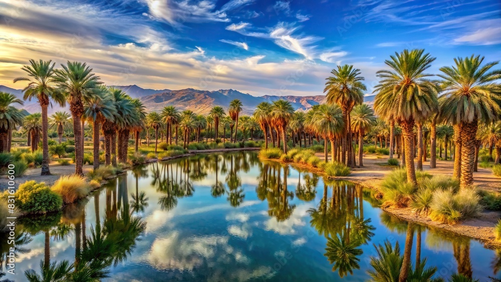Palm trees lining a vast desert oasis