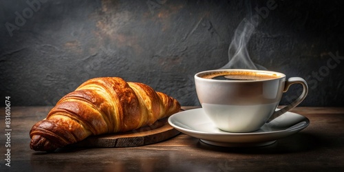 Coffee cup and croissant on a dark background