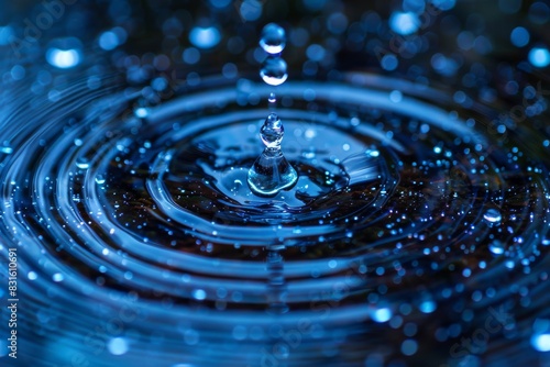 Close up of water drop creating ripples, blue tones, and serene atmosphere in a minimalist setting