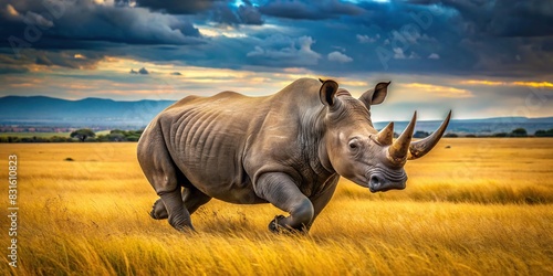 Majestic big rhino running freely in the vast savannah landscape