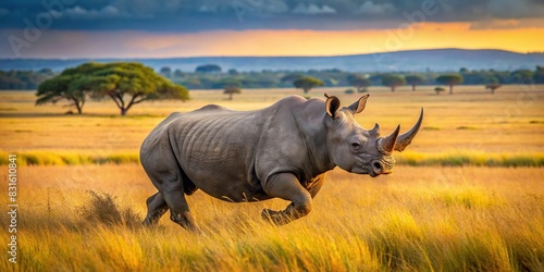 Beautiful scenery of a running rhinoceros in the wide expanse of the savannah