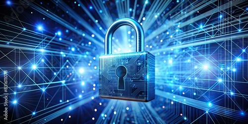 Cyber security padlock protecting digital data network with high speed connection analysis
