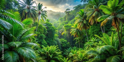 Lush tropical jungle with vibrant green vegetation  trees  and foliage