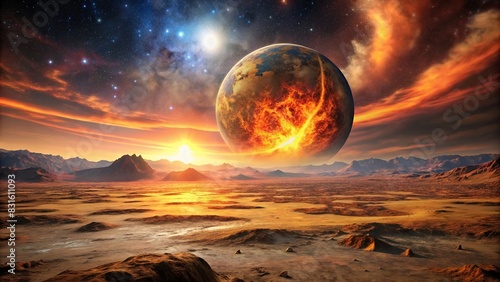 A barren landscape with a disappearing fiery planet in the sky photo