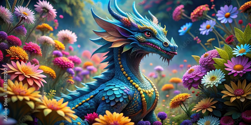 of a mystical blue dragon surrounded by vibrant flowers