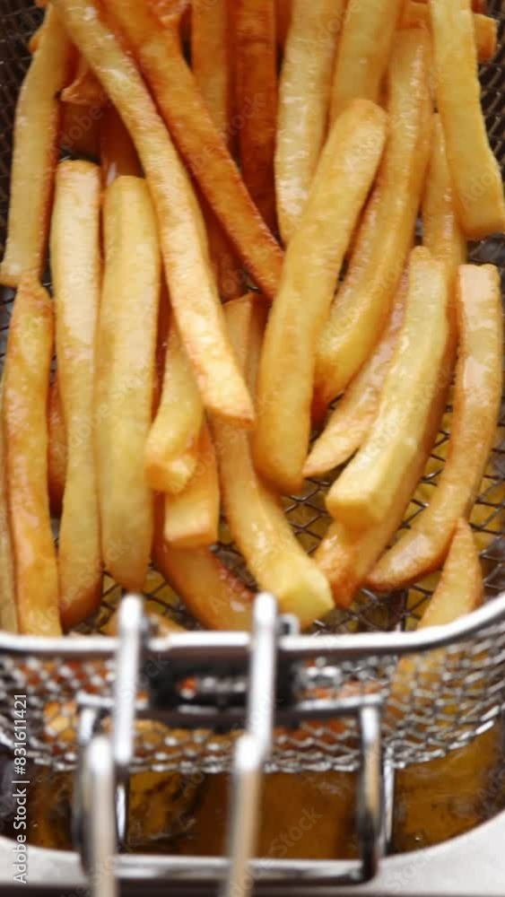French fries in deep fryer basket and lift them out of the boiling oil. Close-up shot French fries in deep fryer basket and lift them out of the boiling oil. Close-up shot