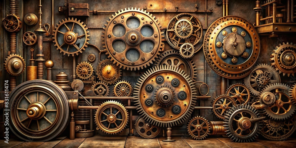 Steampunk industrial background with vintage machinery, gears, and clockwork