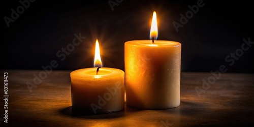 Two lit candles glowing in the dark