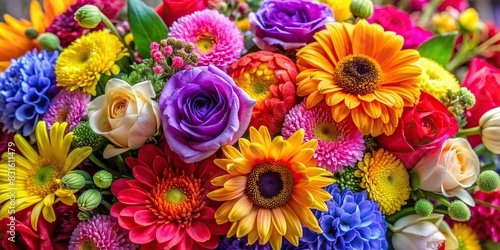 Close-up of a vibrant bouquet of assorted flowers in full bloom