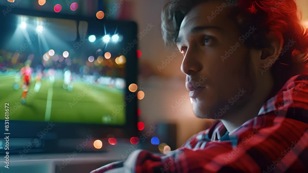 Young man watching soccer game on TV with Ai generated.
Young man watching soccer game on TV with Ai generated.