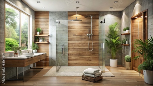 Modern walk-in shower with minimal design featuring natural materials and clean lines photo