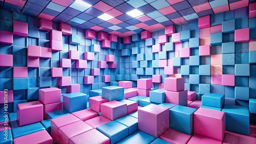 Pink and blue room filled with pink and blue cubes