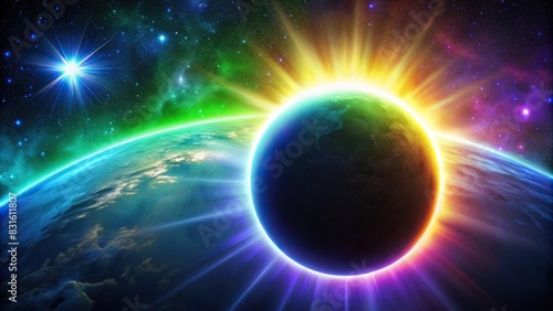 Solar eclipse overlay effect in neon blue, yellow, green, and purple with a blazing star edge behind a planet in a dark sky photo