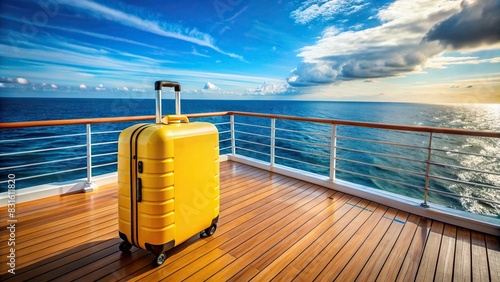 Yellow plastic travel suitcase on the deck of a luxury cruise ship in the ocean