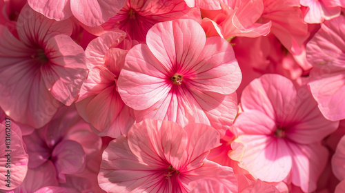 Beautiful pink geranium flowers in a closeup. A background of blooming pink petunias. A soft pink color  high resolution  high detail  natural light