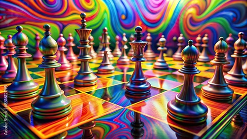 Colorful, psychedelic chess board with vibrant colors showcasing an exciting game photo