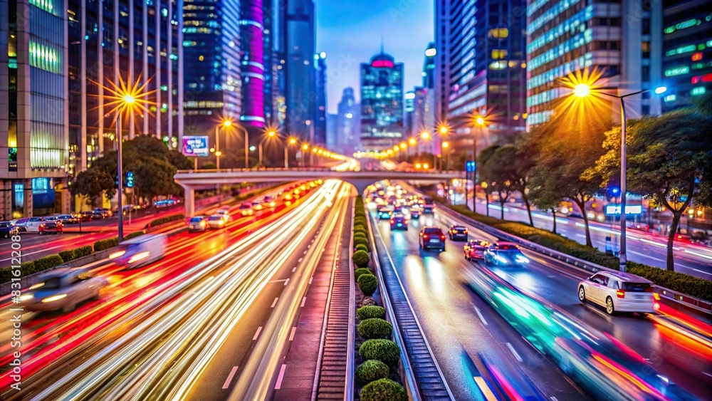 Blurred city traffic background at night with vibrant light trails