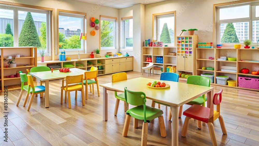 Classroom in nursery with empty chairs and toys on table